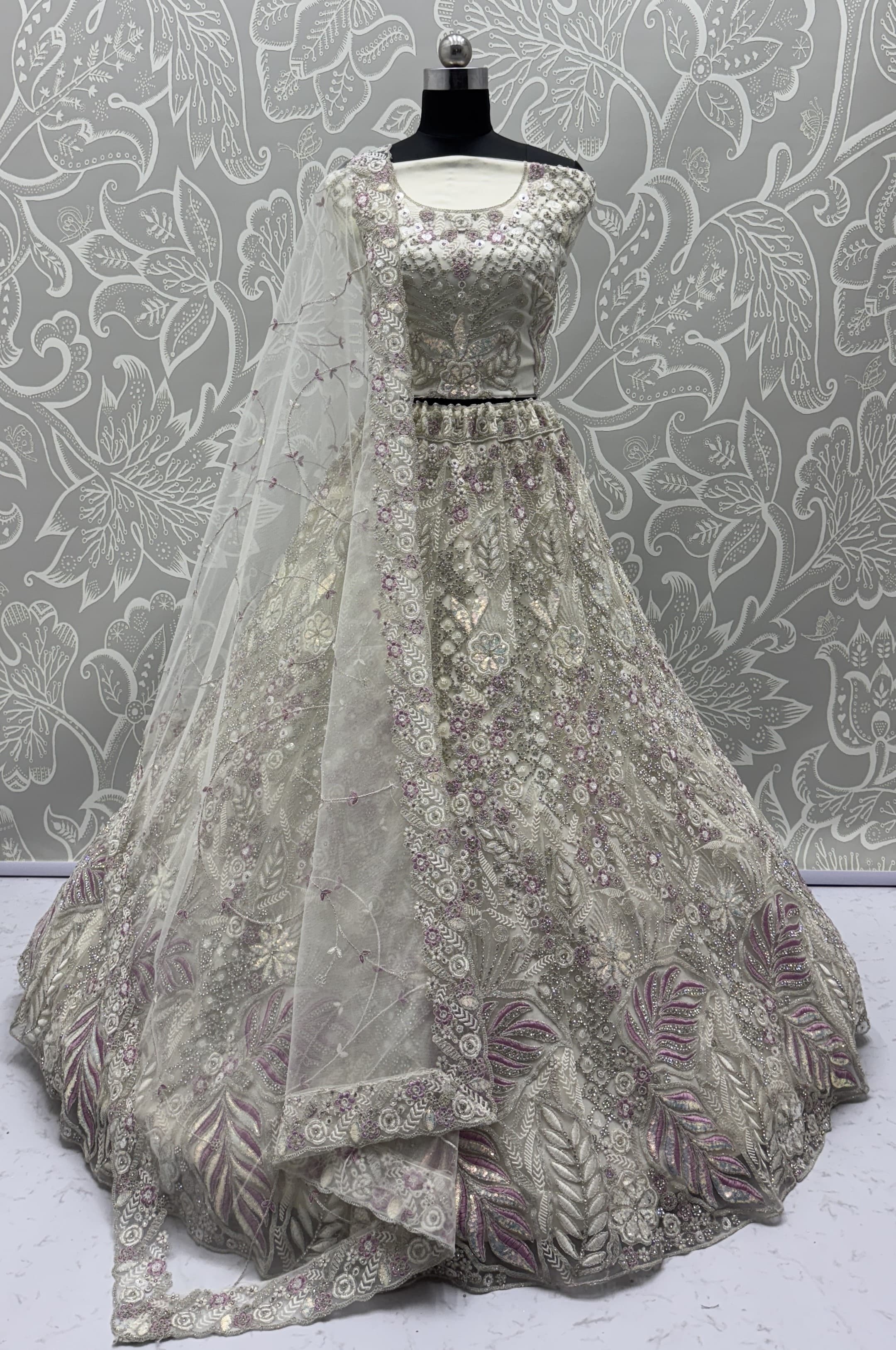 White Net Diamond, Dori, Embroidered, Fancy, Multi, Sequins, Thread and Zircon Work A - Line Lehenga Choli for Ceremonial